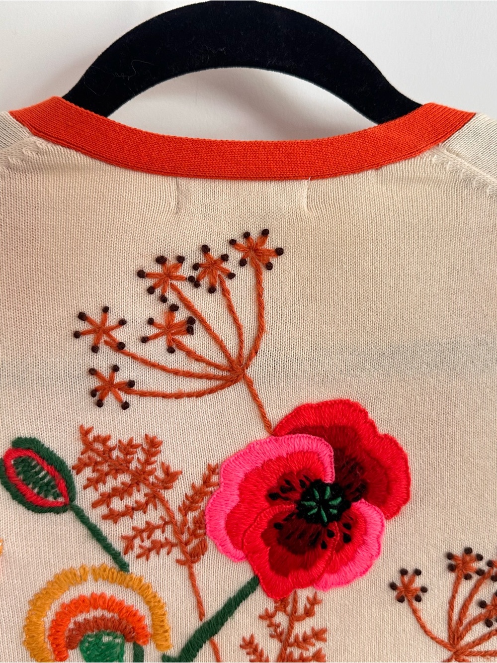 Vintage Lucky Brand Cream V-Neck Cardigan w/ Orange Trim & Floral Embroidery - Picture 15 of 16